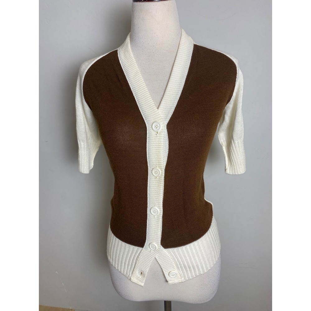 Vintage 70s Spalding Tennis Buffs Cardigan Brown Cream Knit Short Sleeve NWT M